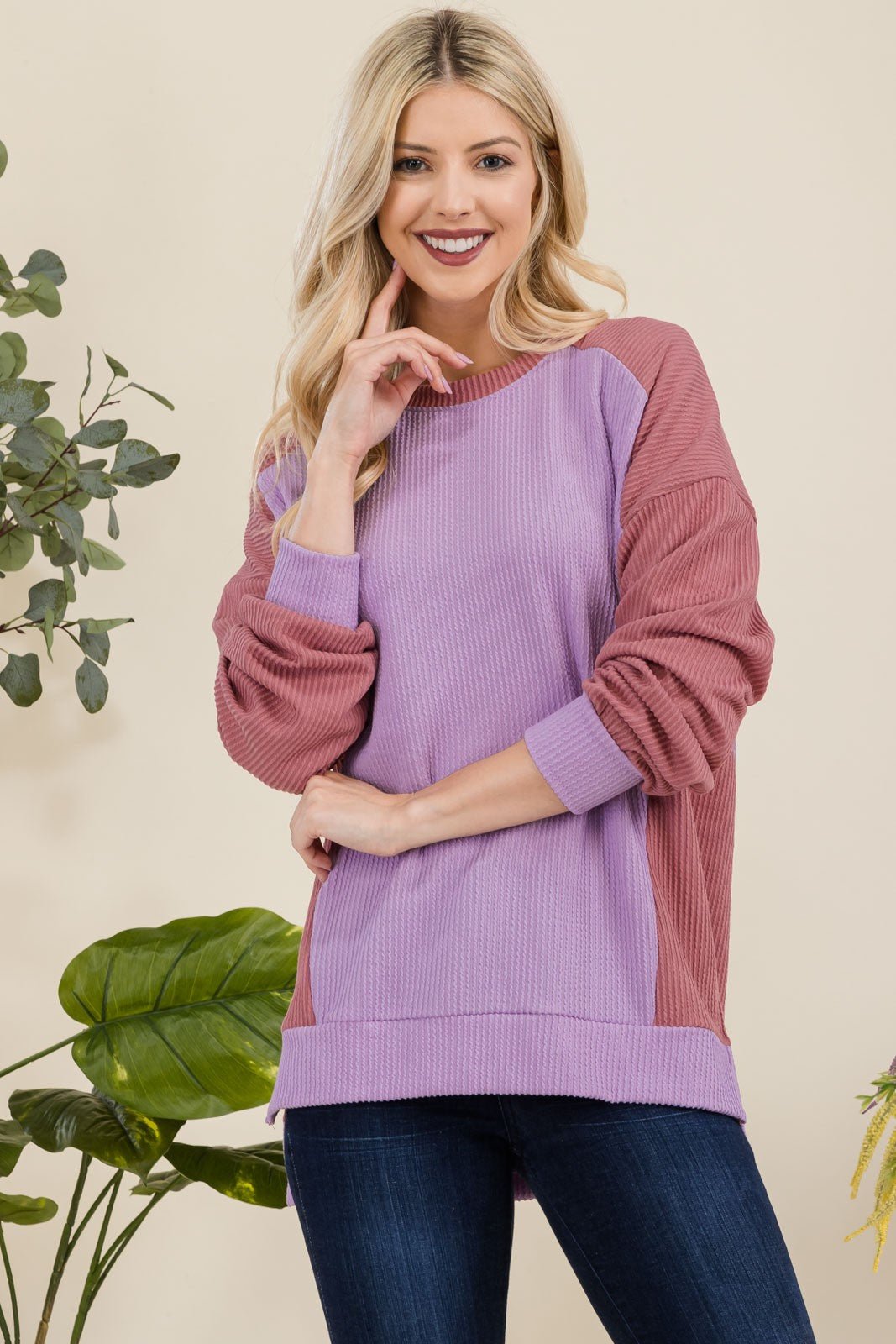 Celeste Full Size High - Low Contrast Round Neck Sweatshirt - Sweatshirt - Lavender - Bella Bourget