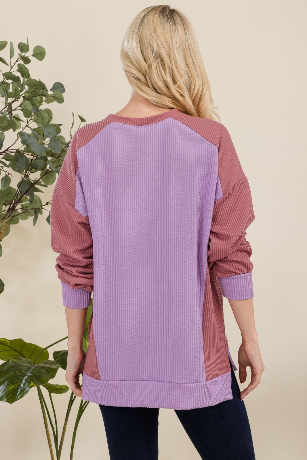 Celeste Full Size High - Low Contrast Round Neck Sweatshirt - Sweatshirt - Lavender - Bella Bourget