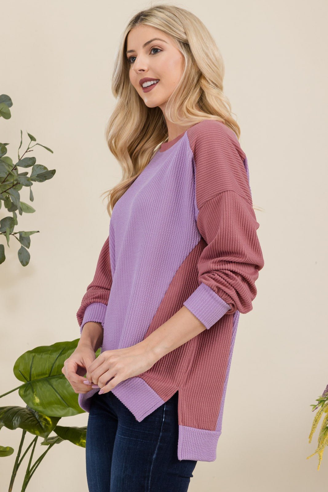 Celeste Full Size High - Low Contrast Round Neck Sweatshirt - Sweatshirt - Lavender - Bella Bourget