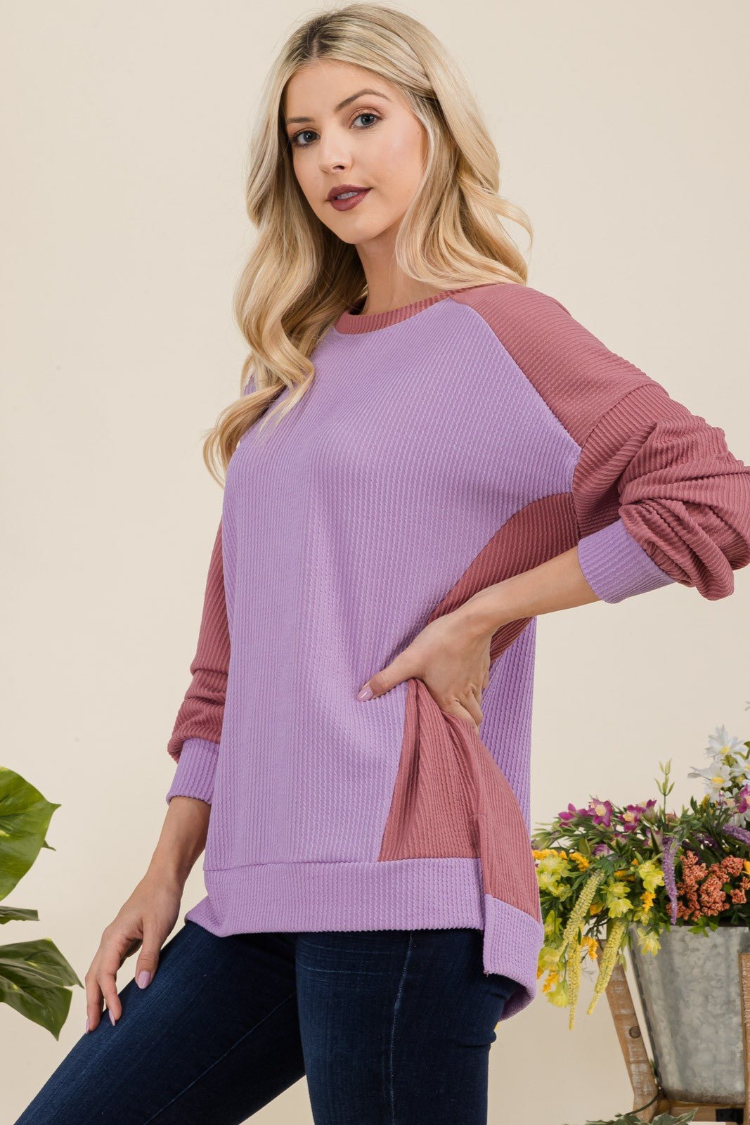 Celeste Full Size High - Low Contrast Round Neck Sweatshirt - Sweatshirt - Lavender - Bella Bourget