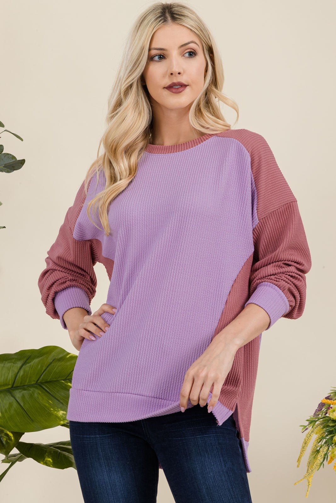 Celeste Full Size High - Low Contrast Round Neck Sweatshirt - Sweatshirt - Lavender - Bella Bourget