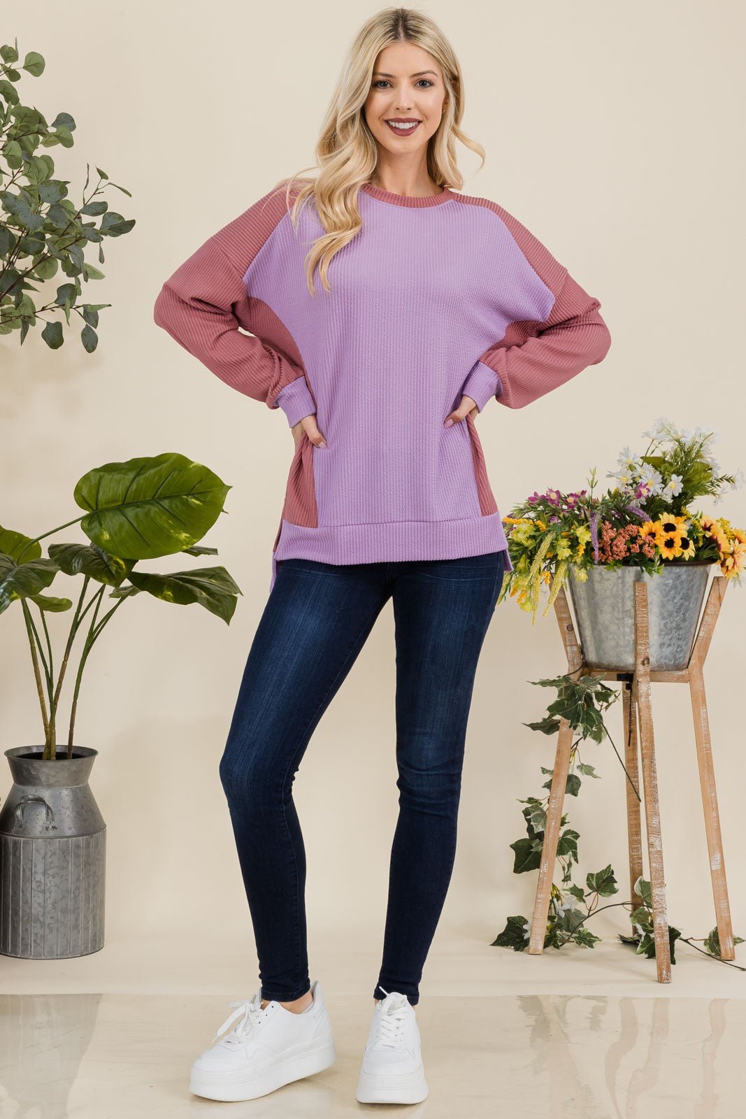 Celeste Full Size High - Low Contrast Round Neck Sweatshirt - Sweatshirt - Lavender - Bella Bourget