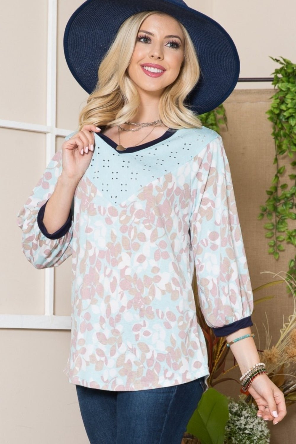 Celeste Full Size Leaf Print Contrast Trim Balloon Sleeve Top - Top - Mint/Taupe - Bella Bourget