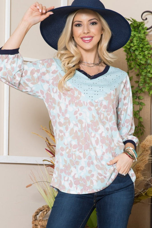 Celeste Full Size Leaf Print Contrast Trim Balloon Sleeve Top - Top - Mint/Taupe - Bella Bourget