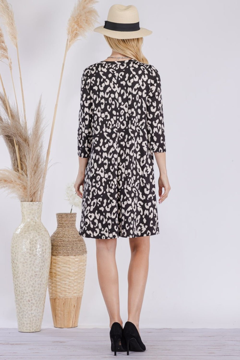 Celeste Full Size Leopard Three - Quarter Sleeve Dress with Pockets - Dress - Black - Bella Bourget