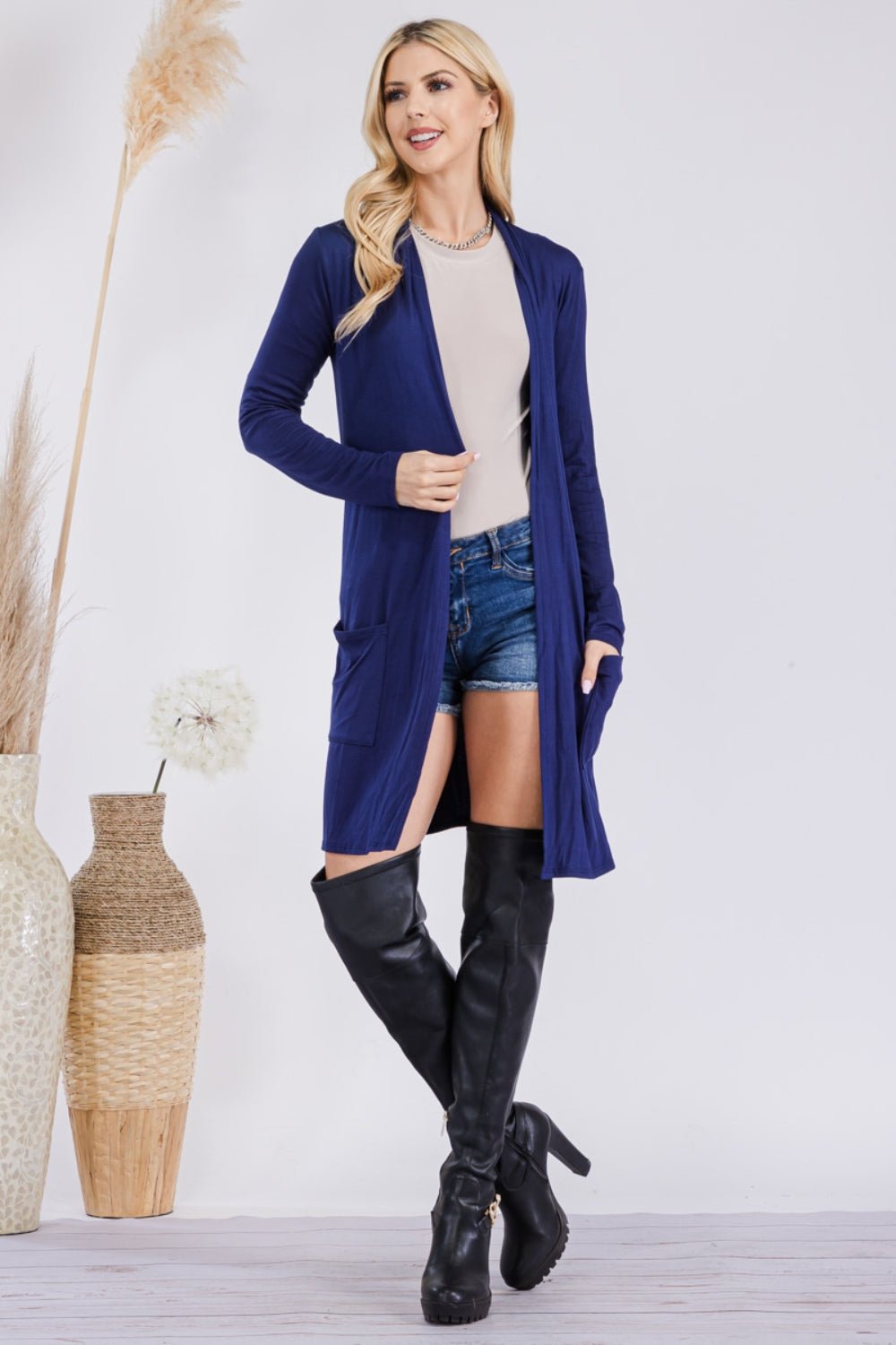 Celeste Full Size Open Front Cardigan with Pockets - Cardigan - Navy - Bella Bourget