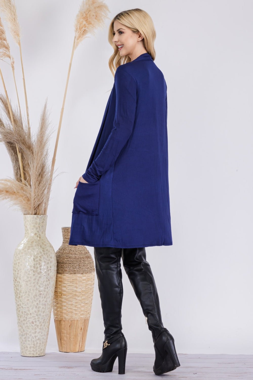 Celeste Full Size Open Front Cardigan with Pockets - Cardigan - Navy - Bella Bourget