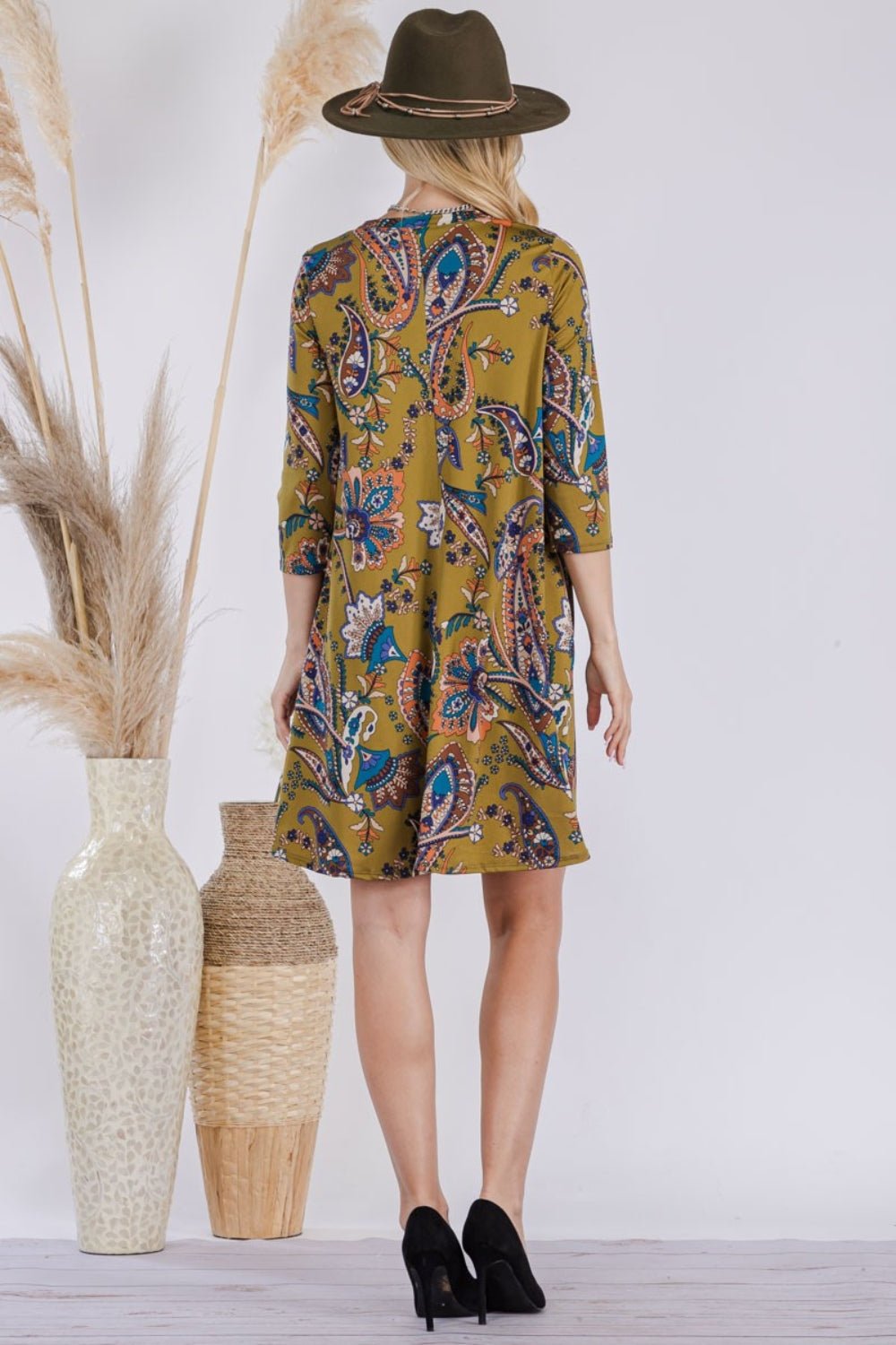 Celeste Full Size Paisley Print Round Neck Dress with Pockets - Dress - Olive Paisley - Bella Bourget