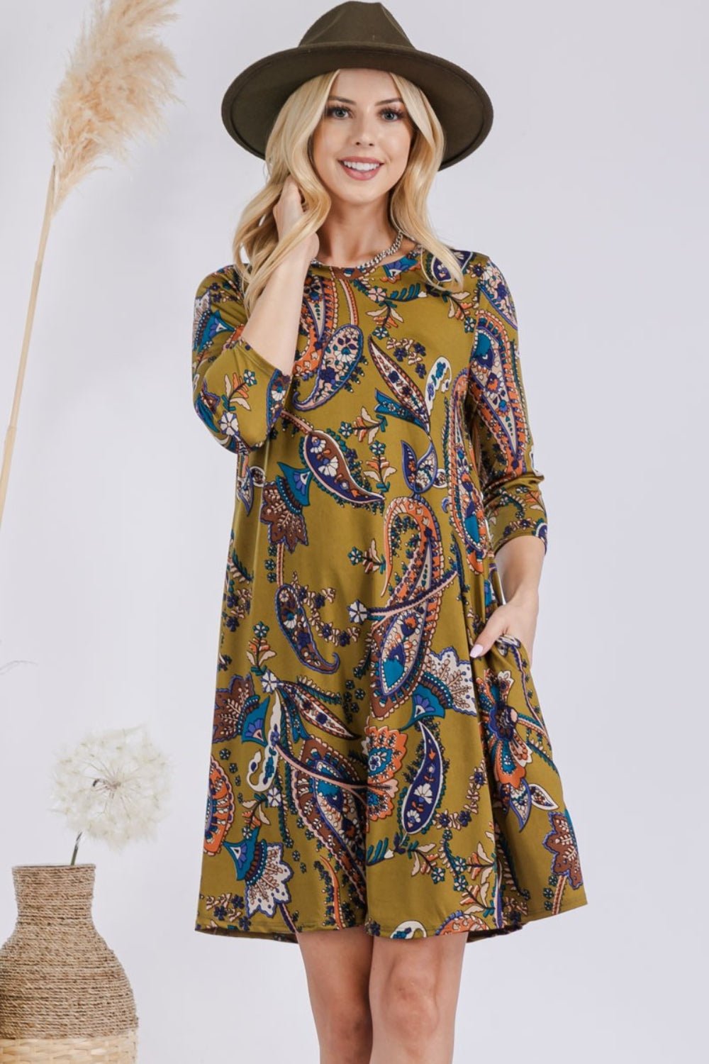 Celeste Full Size Paisley Print Round Neck Dress with Pockets - Dress - Olive Paisley - Bella Bourget