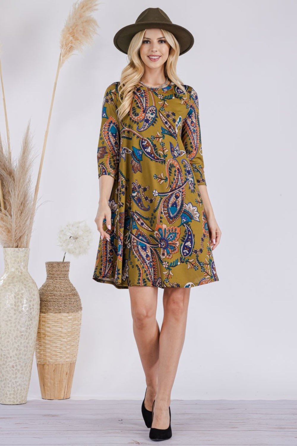 Celeste Full Size Paisley Print Round Neck Dress with Pockets - Dress - Olive Paisley - Bella Bourget