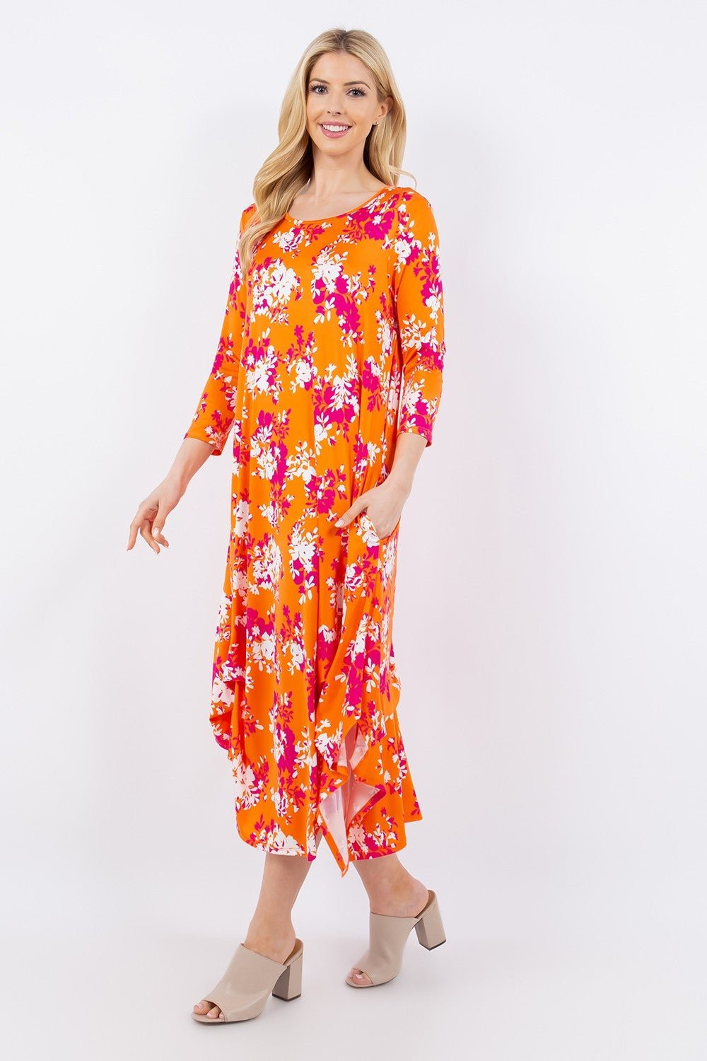 Celeste Full Size Pick - Up Hem Asymmetric Floral Midi Dress - Dress - Orange Floral - Bella Bourget