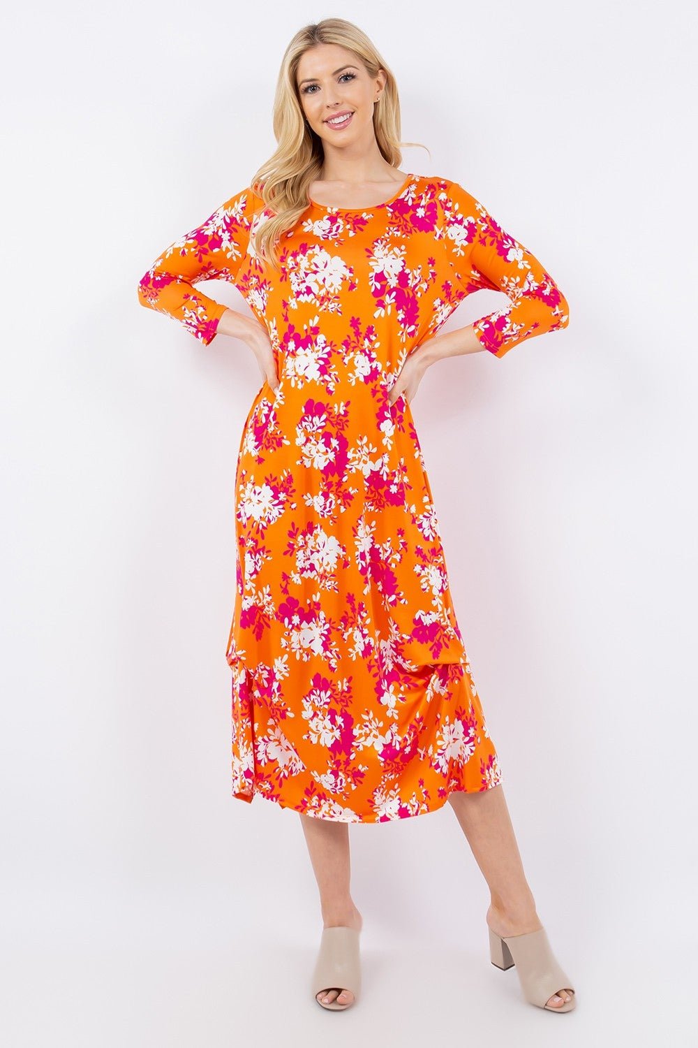 Celeste Full Size Pick - Up Hem Asymmetric Floral Midi Dress - Dress - Orange Floral - Bella Bourget