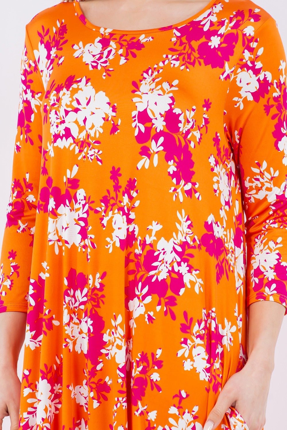 Celeste Full Size Pick - Up Hem Asymmetric Floral Midi Dress - Dress - Orange Floral - Bella Bourget