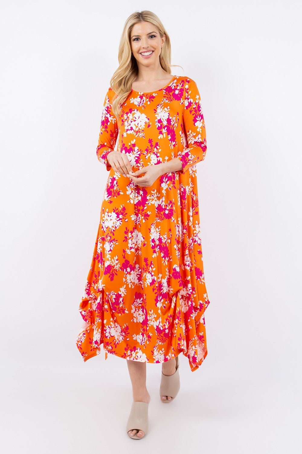 Celeste Full Size Pick - Up Hem Asymmetric Floral Midi Dress - Dress - Orange Floral - Bella Bourget