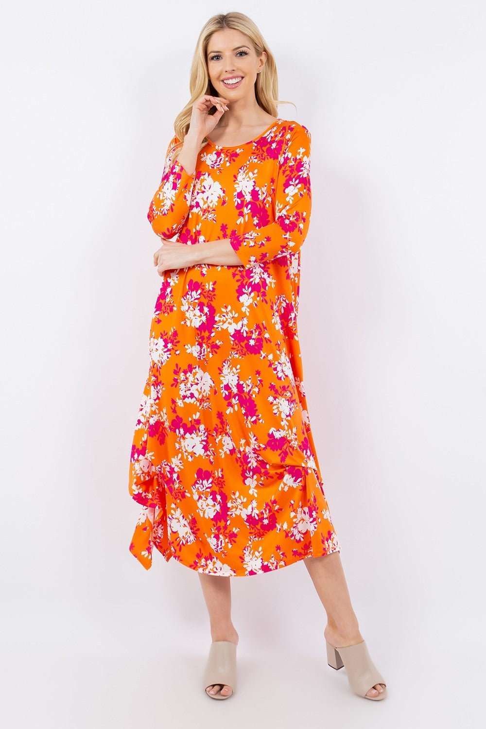 Celeste Full Size Pick - Up Hem Asymmetric Floral Midi Dress - Dress - Orange Floral - Bella Bourget