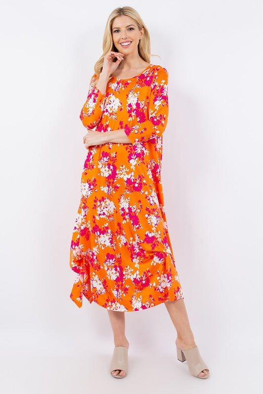 Celeste Full Size Pick - Up Hem Asymmetric Floral Midi Dress - Dress - Orange Floral - Bella Bourget