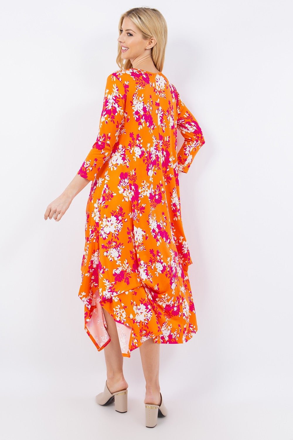 Celeste Full Size Pick - Up Hem Asymmetric Floral Midi Dress - Dress - Orange Floral - Bella Bourget