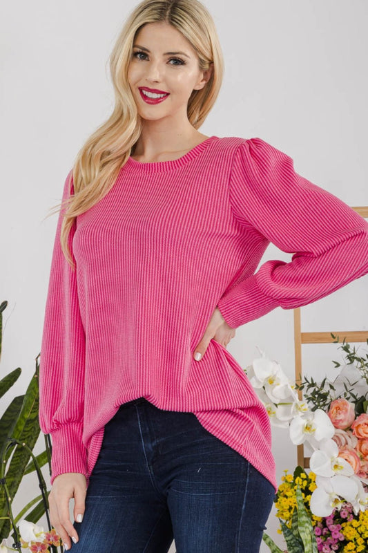 Celeste Full Size Striped Round Neck Lantern Sleeve Top - Top - FUCHSIA - Bella Bourget