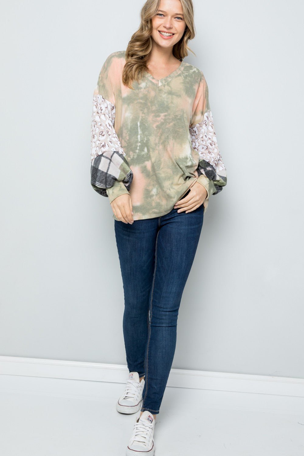 Celeste Full Size Tie - Dye V - Neck Printed Sleeve Blouse - Top - Olive - Bella Bourget