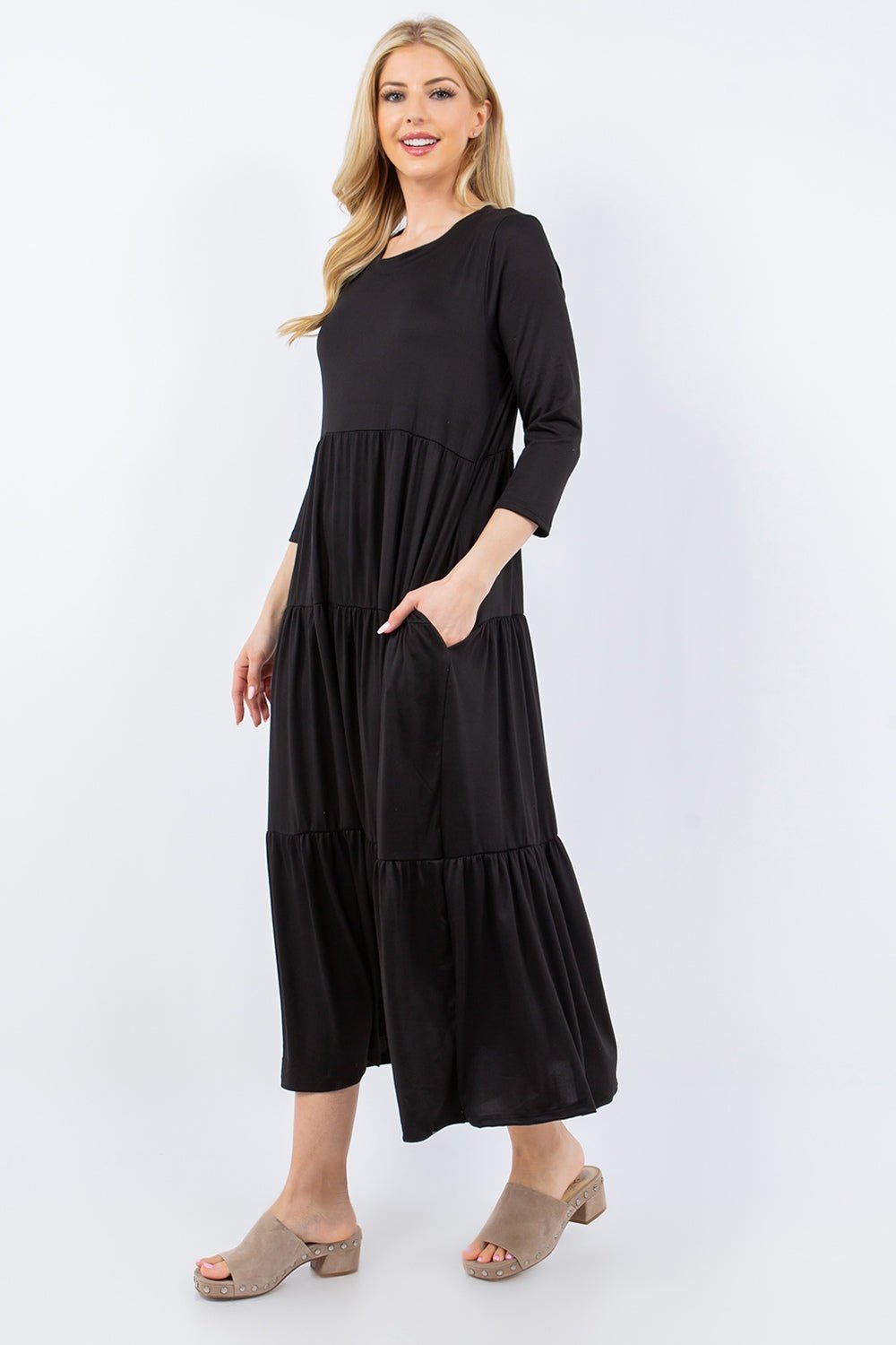 Celeste Full Size Tiered Midi Dress with Pockets - Dress - Black - Bella Bourget