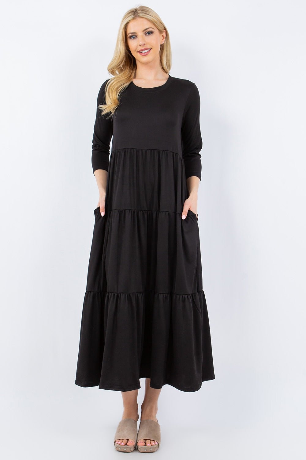 Celeste Full Size Tiered Midi Dress with Pockets - Dress - Black - Bella Bourget