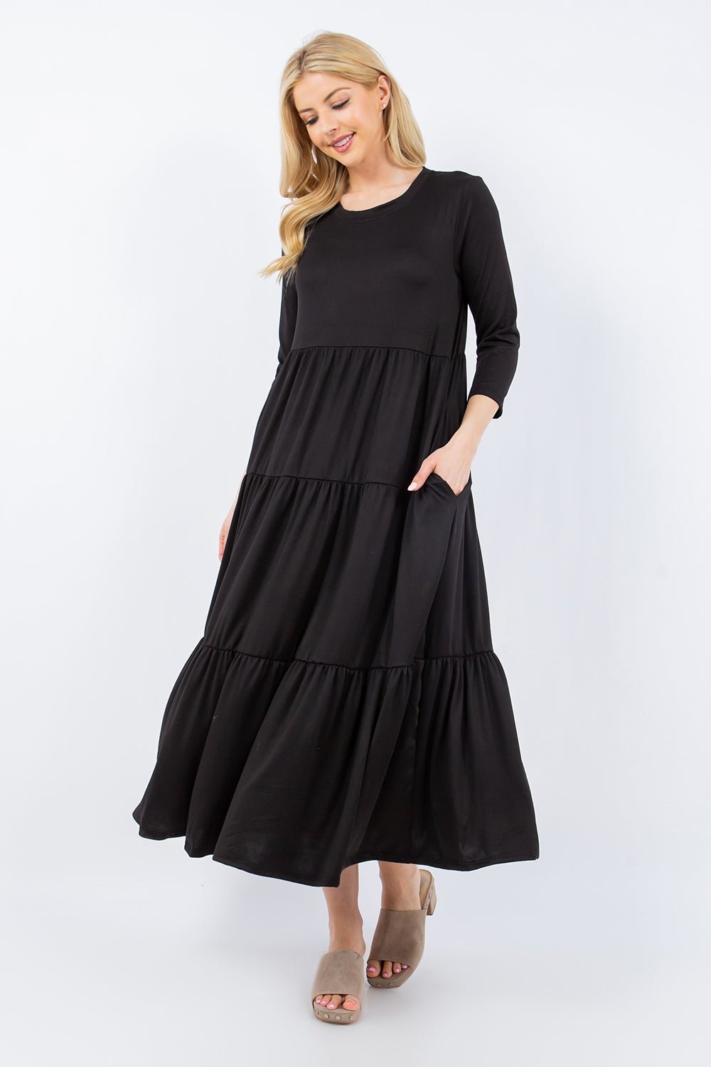 Celeste Full Size Tiered Midi Dress with Pockets - Dress - Black - Bella Bourget