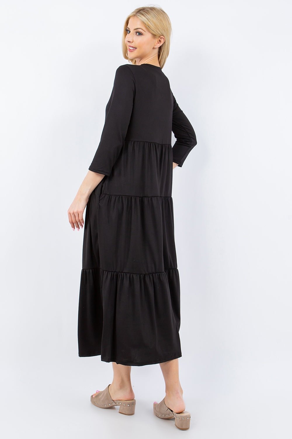 Celeste Full Size Tiered Midi Dress with Pockets - Dress - Black - Bella Bourget