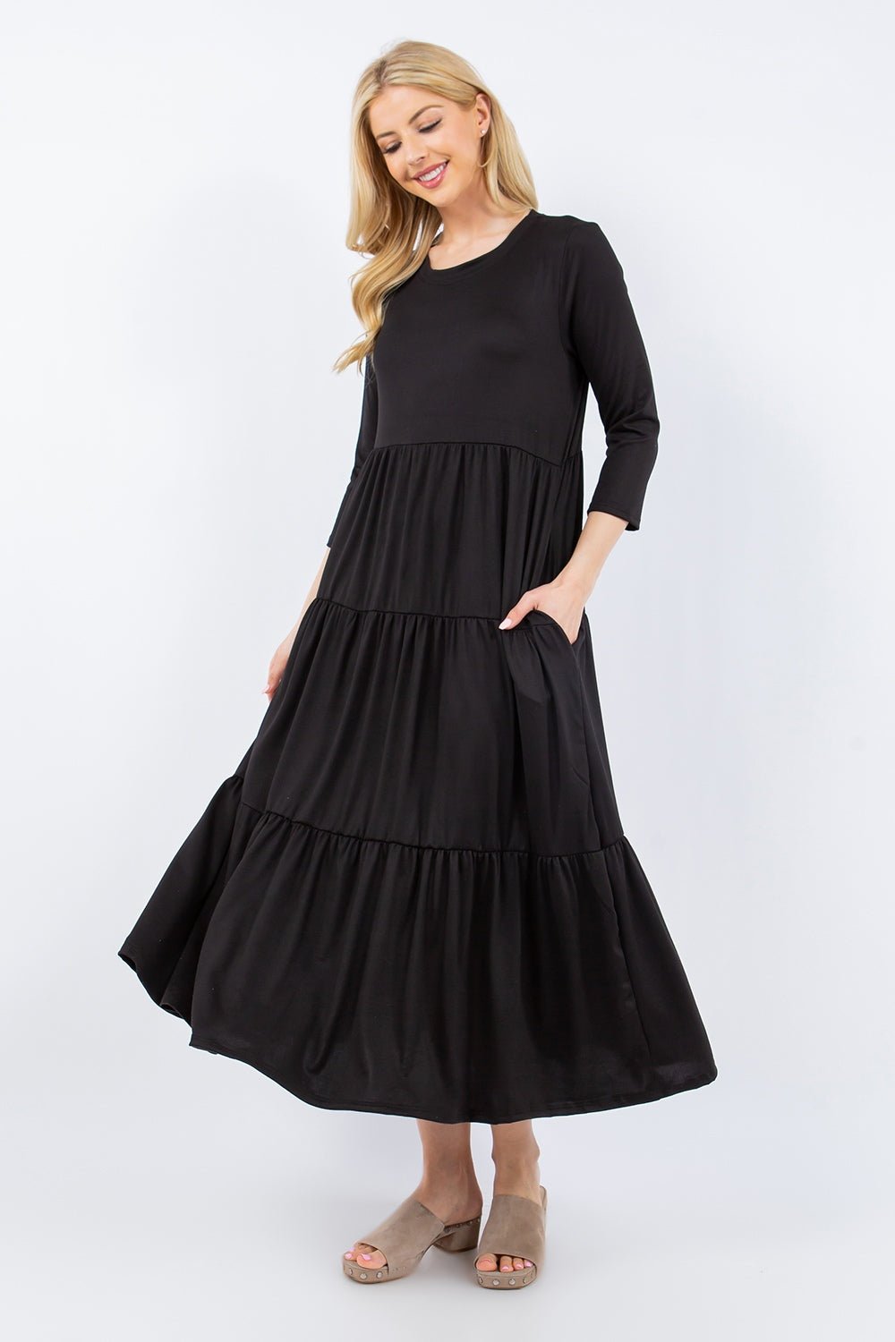 Celeste Full Size Tiered Midi Dress with Pockets - Dress - Black - Bella Bourget