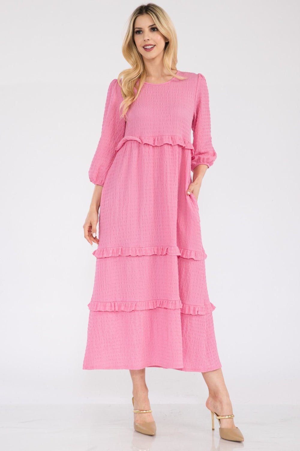 Celeste Full Size Tiered - Ruffle Midi Dress - Full Size Casual Dress - Pink - Bella Bourget