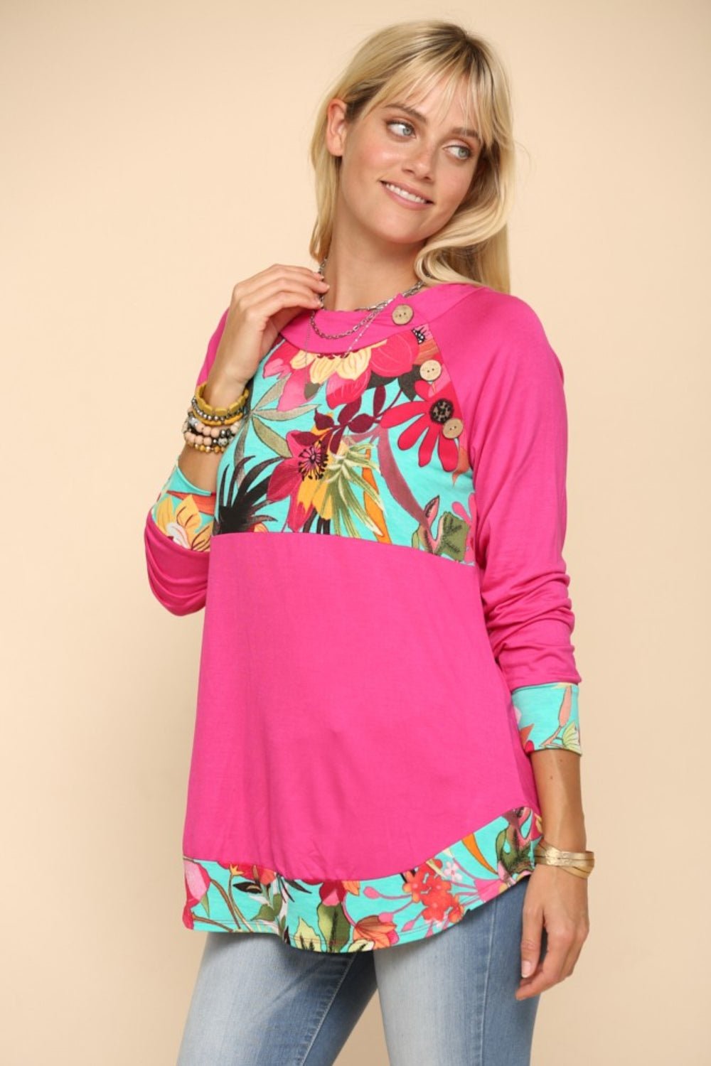 Celeste Full Size Tropical Print Long Sleeve T - Shirt - Top - Fuchsia - Bella Bourget