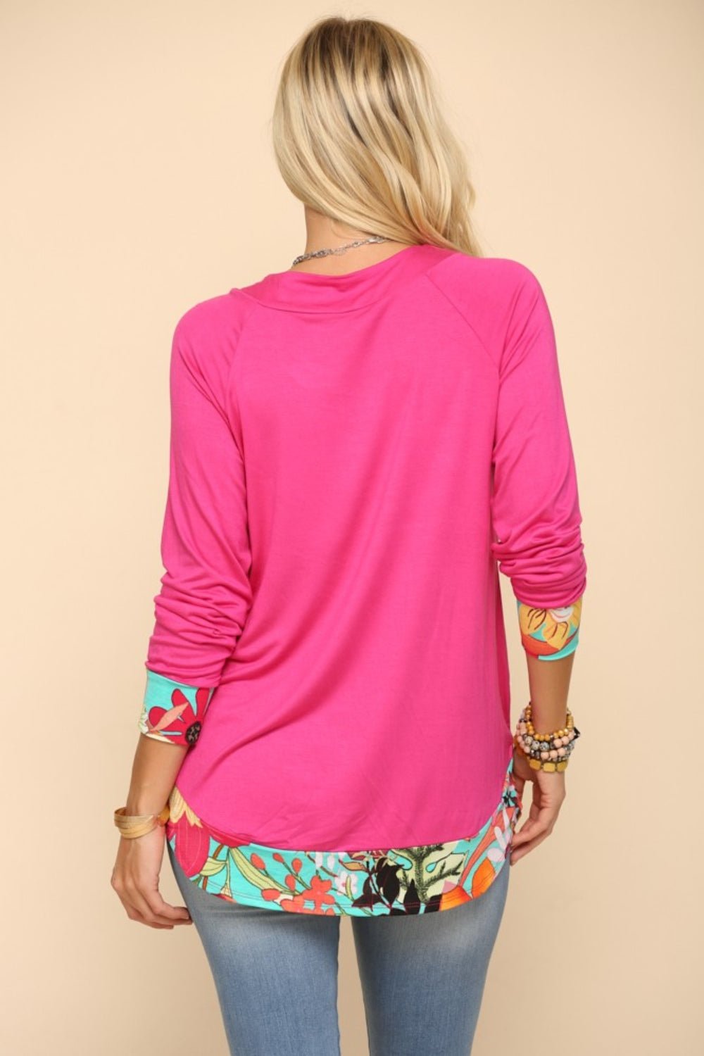 Celeste Full Size Tropical Print Long Sleeve T - Shirt - Top - Fuchsia - Bella Bourget