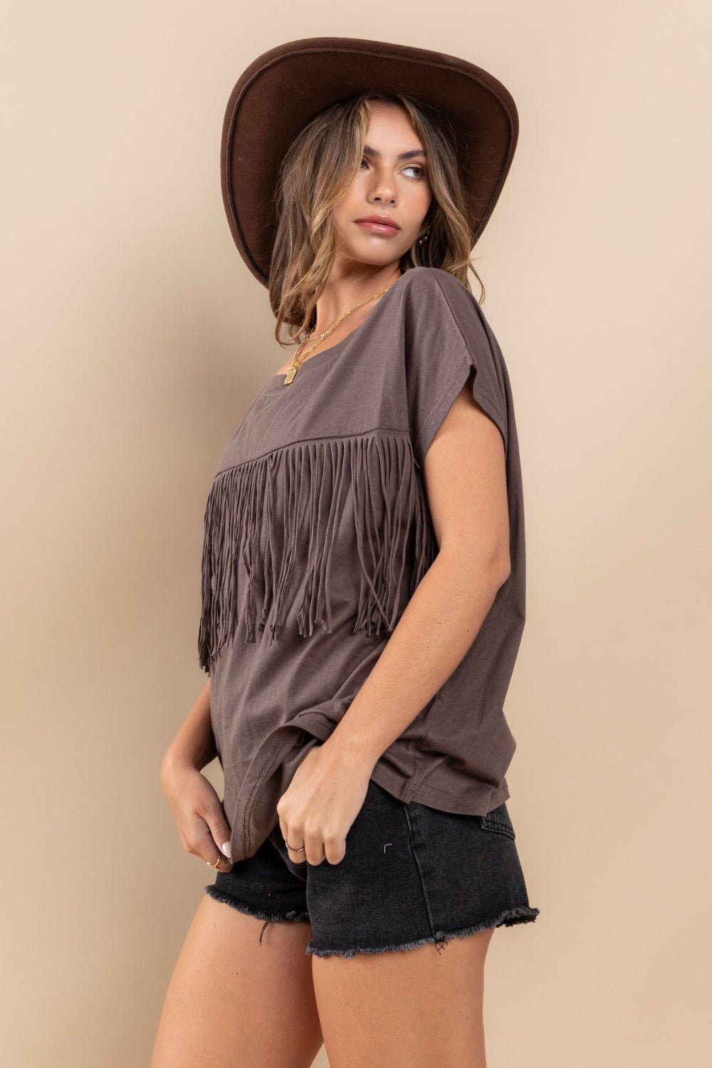 Ces Femme Fringe Detail Round Neck Short Sleeve Top - Top - CHARCOAL - Bella Bourget