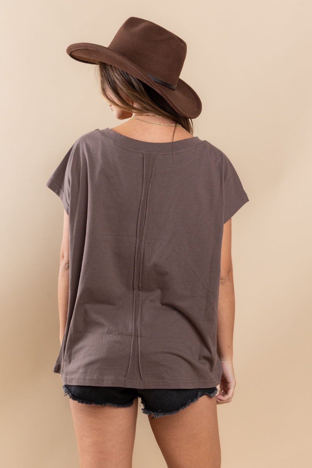 Ces Femme Fringe Detail Round Neck Short Sleeve Top - Top - CHARCOAL - Bella Bourget