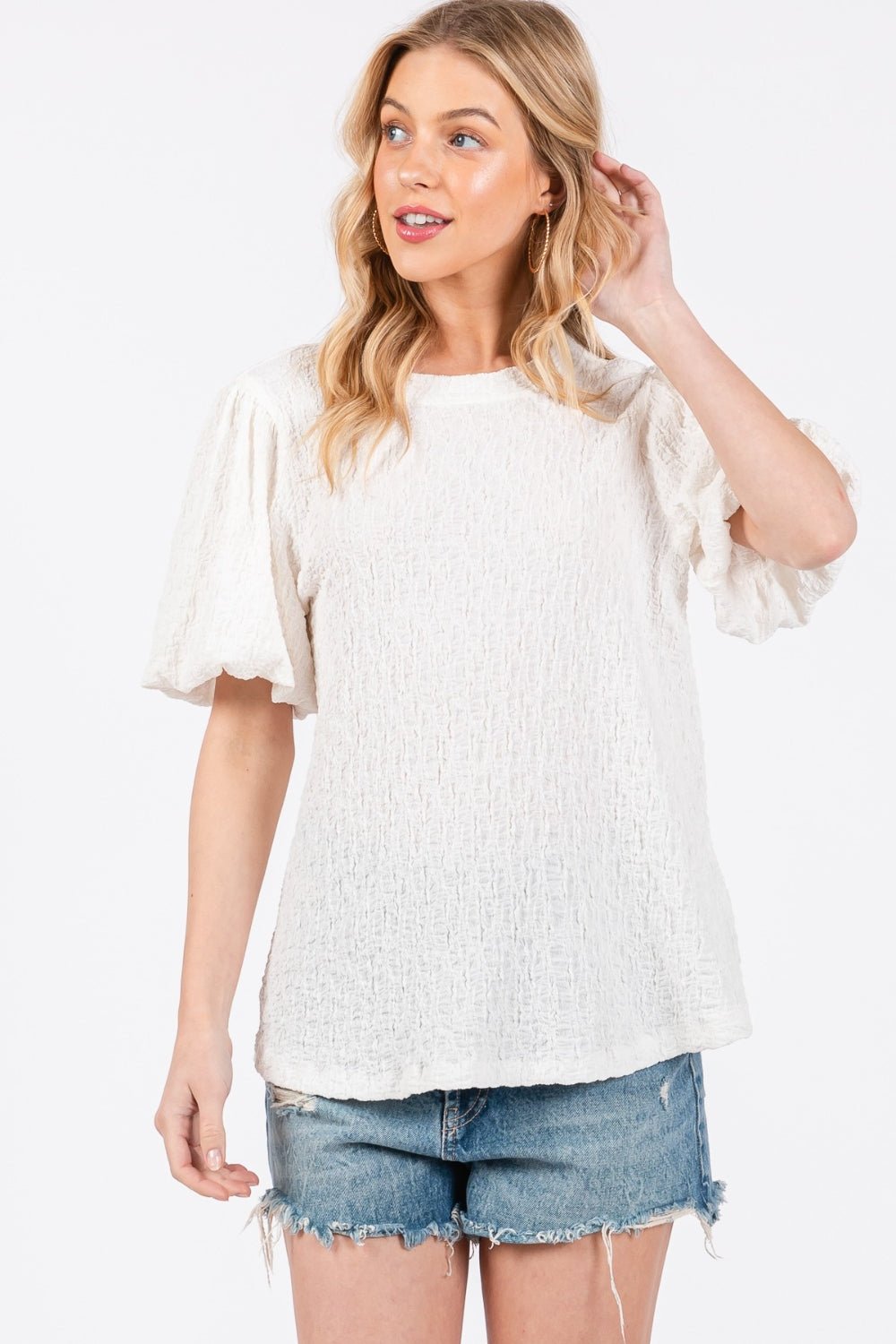 Ces Femme Textured Puff Sleeve Top - Top - Ivory - Bella Bourget