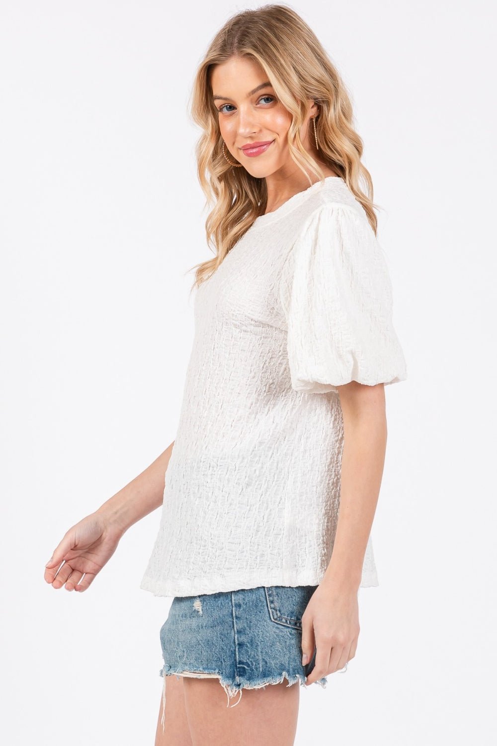 Ces Femme Textured Puff Sleeve Top - Top - Ivory - Bella Bourget