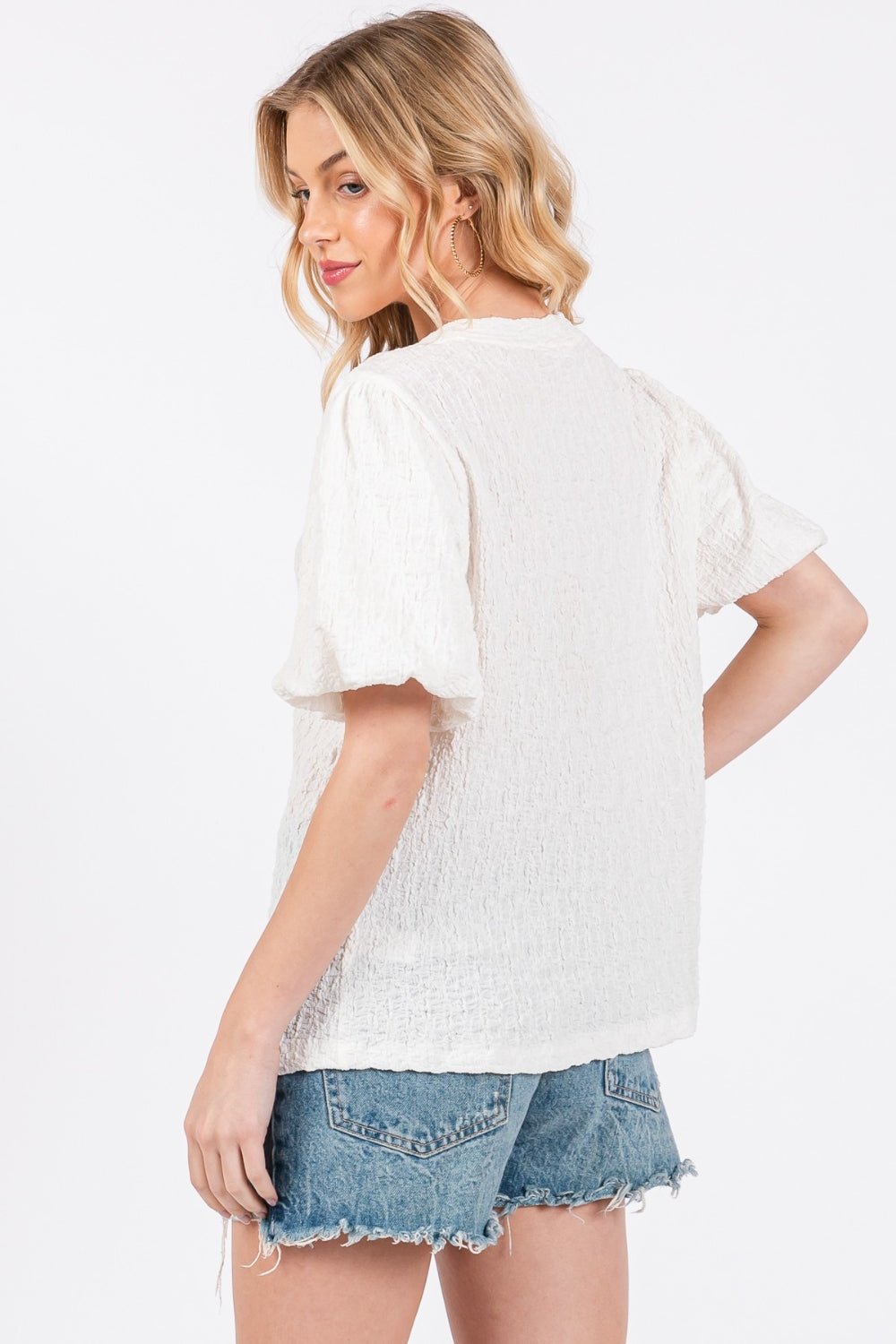 Ces Femme Textured Puff Sleeve Top - Top - Ivory - Bella Bourget