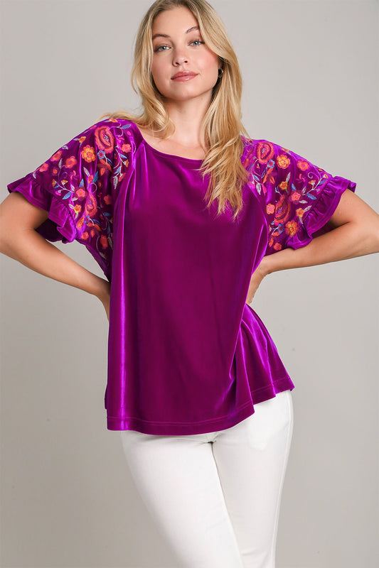 Umgee Full Size Velvet Embroidery Short Sleeve Blouse