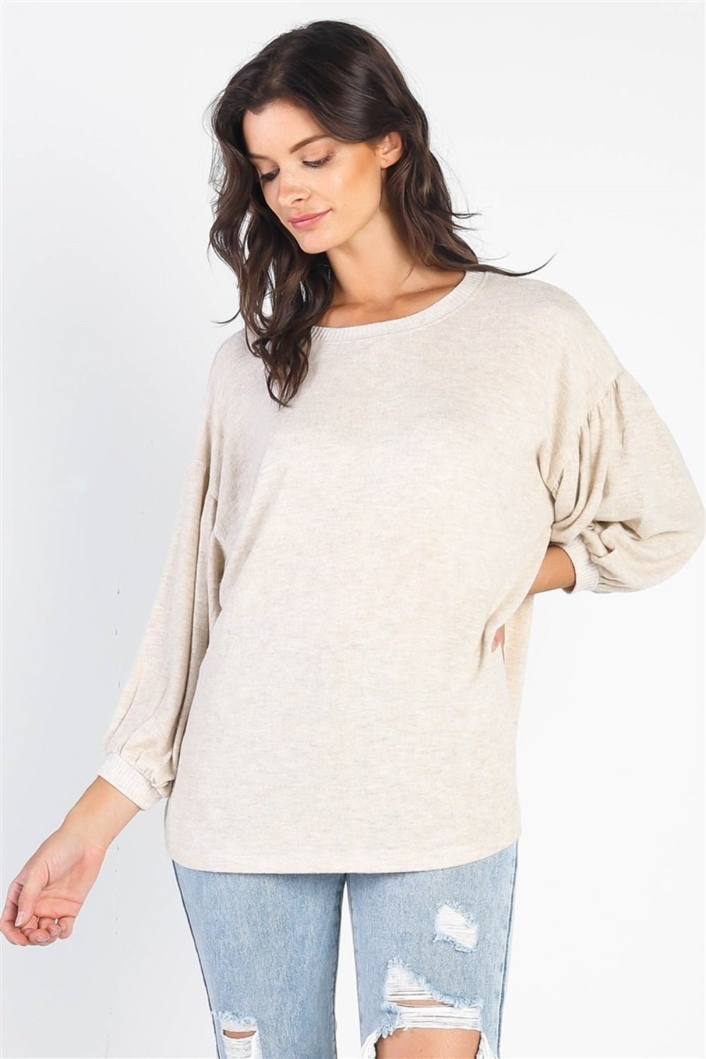 Cherish Apparel Drop Shoulder Puff Sleeve Top - Top - Oatmeal Ivory - Bella Bourget