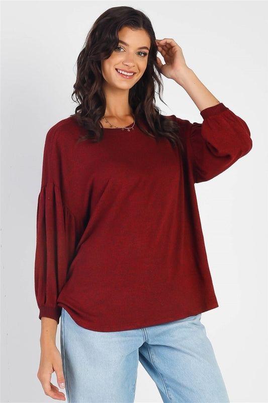 Cherish Apparel Drop Shoulder Puff Sleeve Top - Top - Burgundy - Bella Bourget