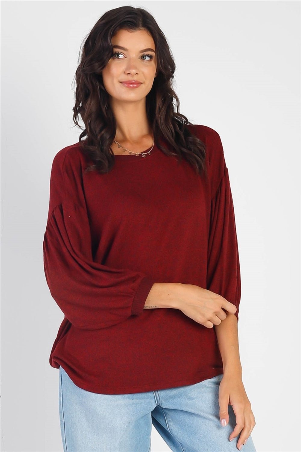 Cherish Apparel Drop Shoulder Puff Sleeve Top - Top - Burgundy - Bella Bourget