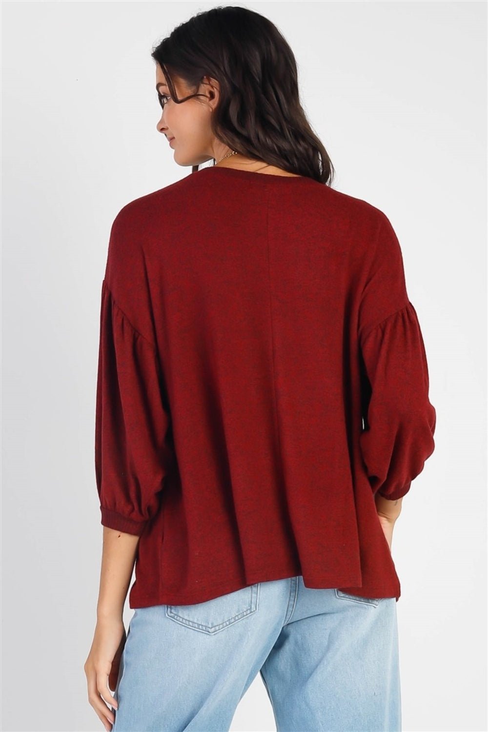 Cherish Apparel Drop Shoulder Puff Sleeve Top - Top - Burgundy - Bella Bourget