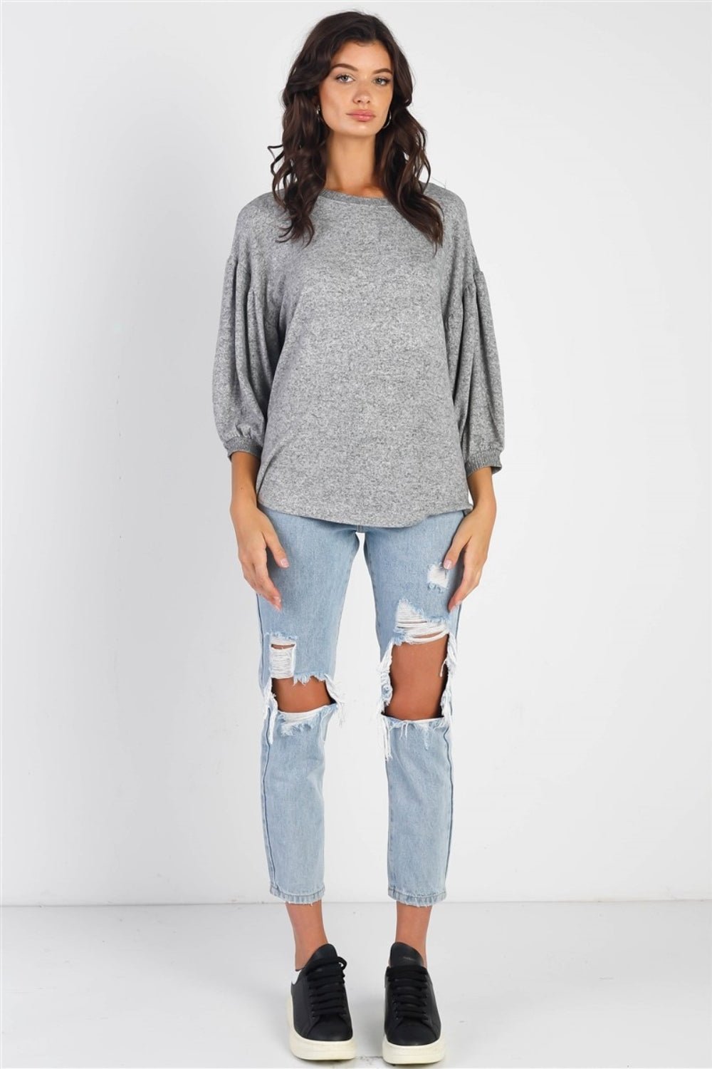 Cherish Apparel Drop Shoulder Puff Sleeve Top - Top - Heather Grey - Bella Bourget