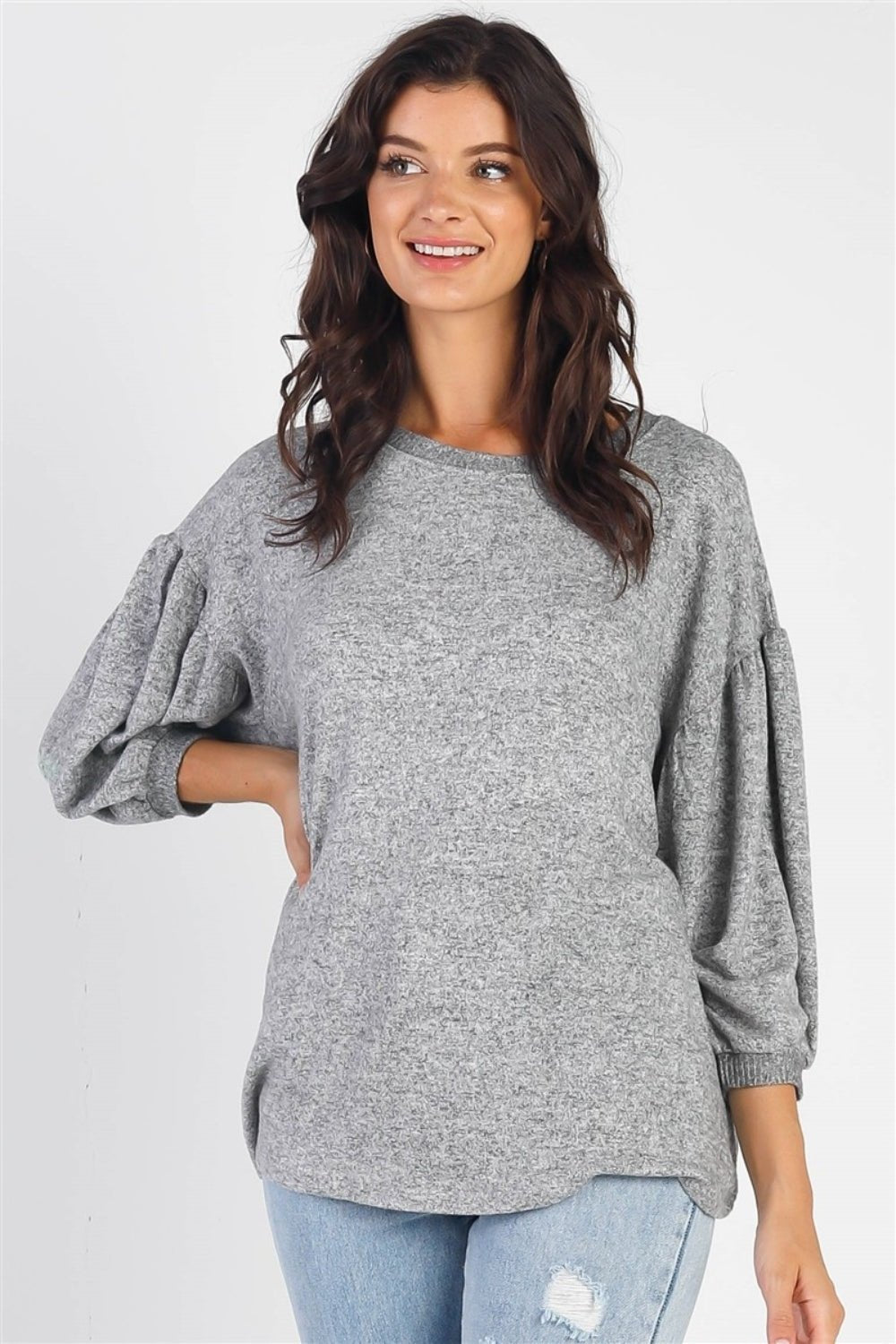 Cherish Apparel Drop Shoulder Puff Sleeve Top - Top - Heather Grey - Bella Bourget