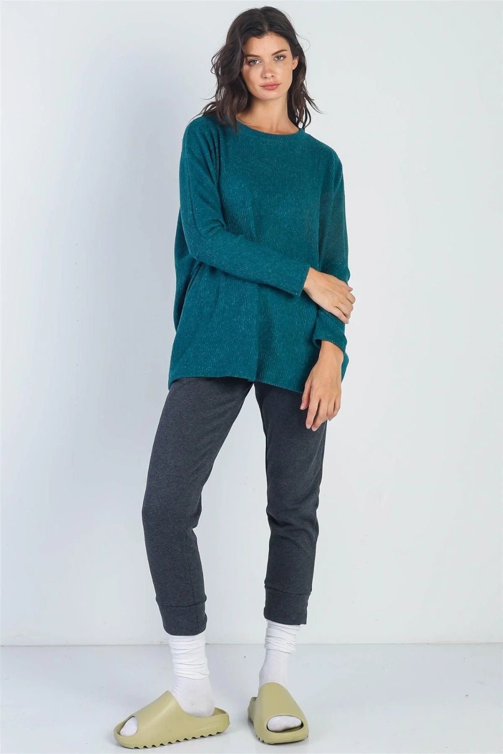 Cherish Apparel Round Neck Long Sleeve Sweater - Top - Hunter Green - Bella Bourget