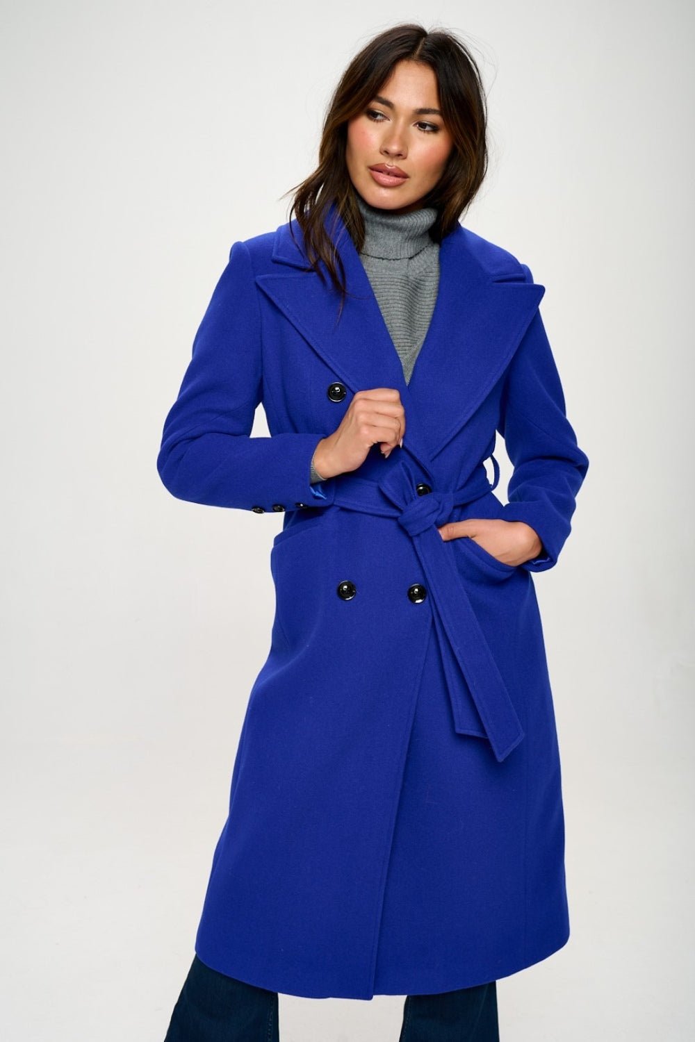 Coalition LA Double - Breasted Longline Coat with Belt - Coat - Royal Blue - Bella Bourget