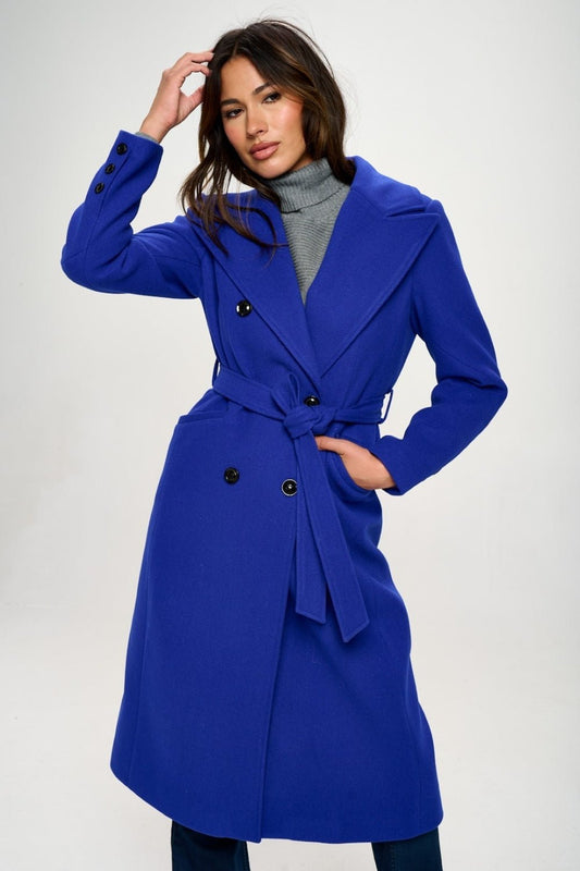 Coalition LA Double - Breasted Longline Coat with Belt - Coat - Royal Blue - Bella Bourget