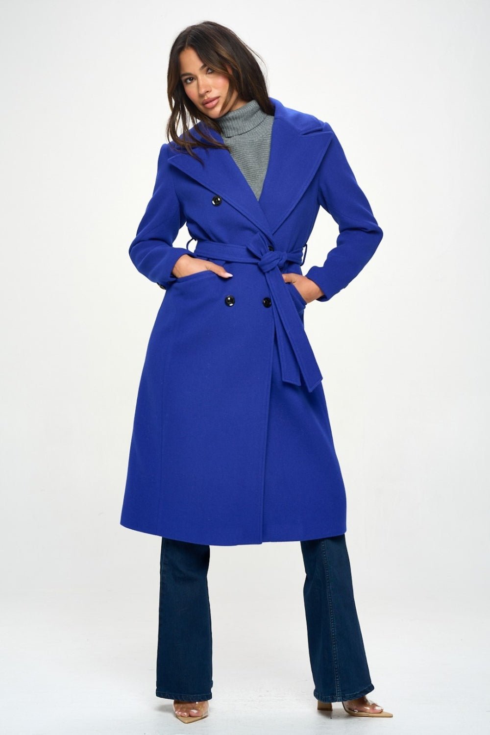 Coalition LA Double - Breasted Longline Coat with Belt - Coat - Royal Blue - Bella Bourget