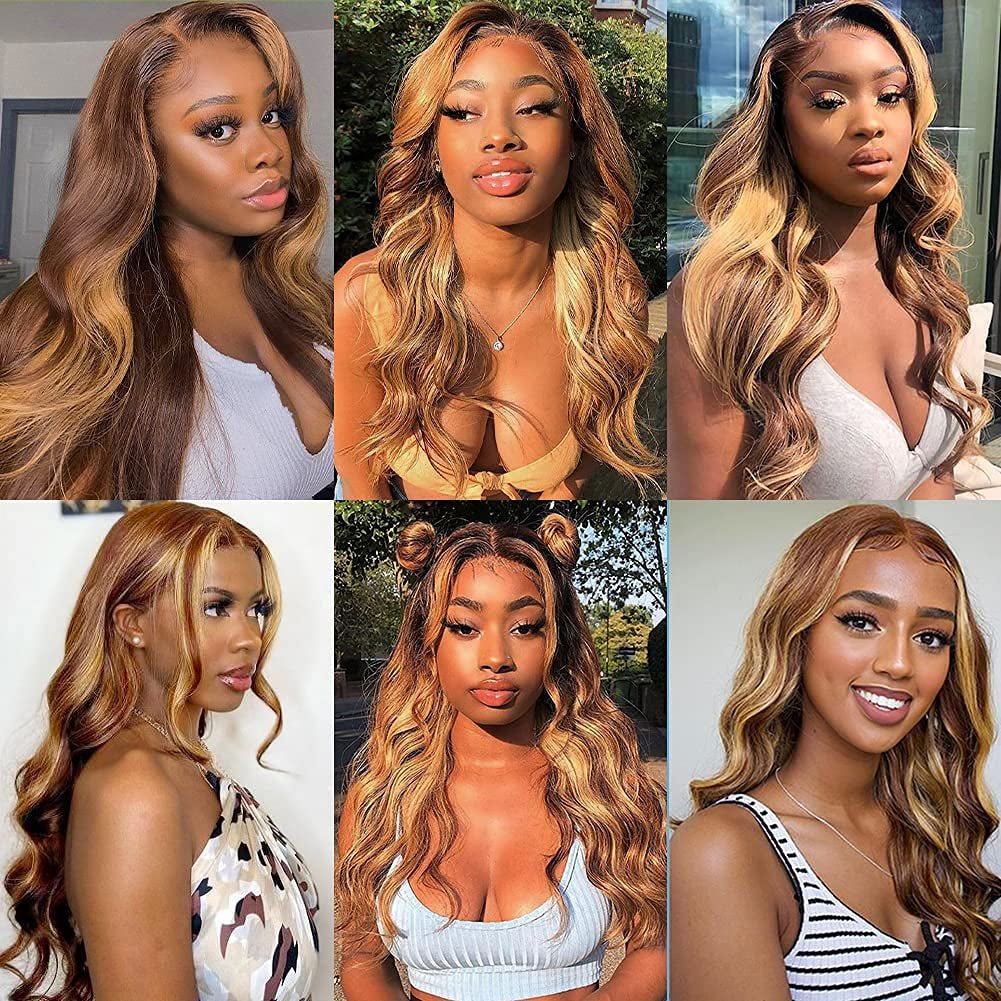 Colored Human Hair Wigs for Women Highlight Body Wave Lace Front Wigs Human Hair Pre Plucked 150% Density P4/27 16Inch - 16" - Bella Bourget