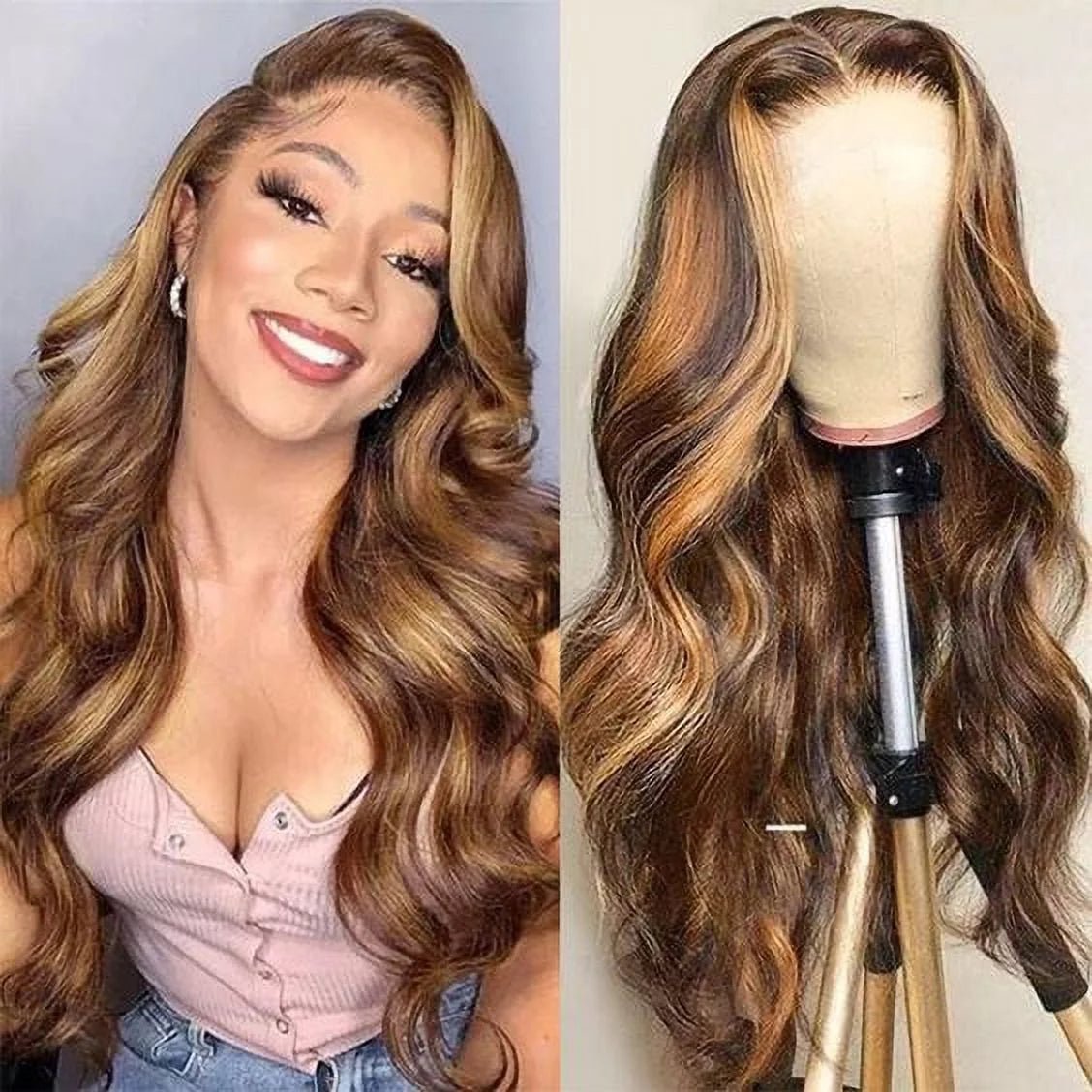 Colored Human Hair Wigs for Women Highlight Body Wave Lace Front Wigs Human Hair Pre Plucked 150% Density P4/27 16Inch - 16" - Bella Bourget