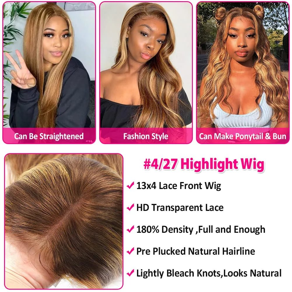 Colored Human Hair Wigs for Women Highlight Body Wave Lace Front Wigs Human Hair Pre Plucked 150% Density P4/27 16Inch - 16" - Bella Bourget